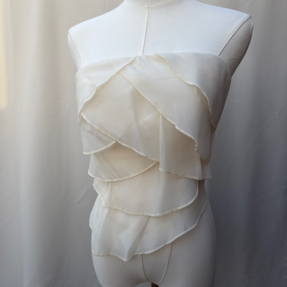 Cream Ruffle Strapless Top Size S Fairycore Coquette Chiffon Corset Tie Back